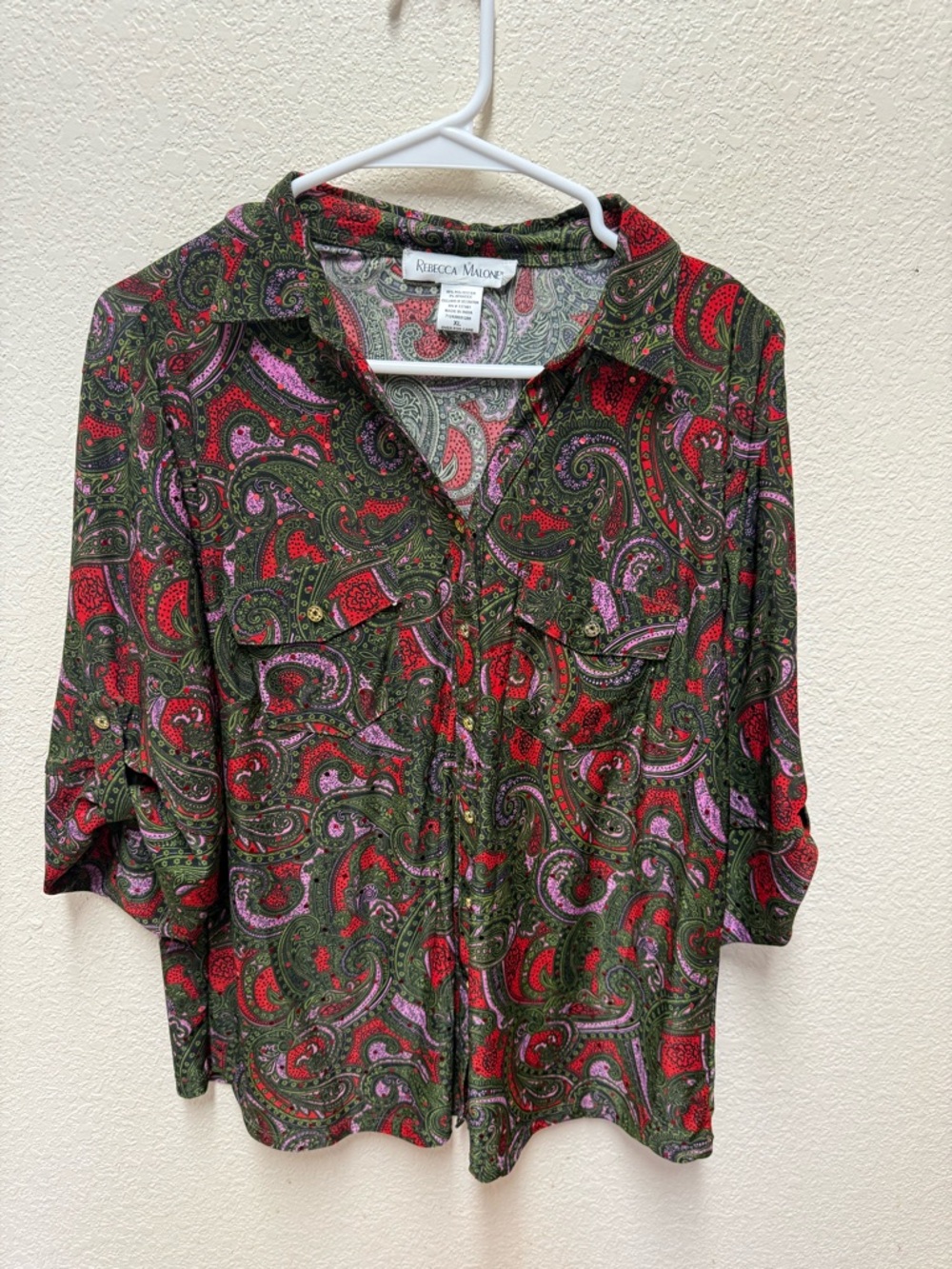Rebecca Malone Paisley Button Top  Retro Stretch Art to Wear Statement  SIZE XL